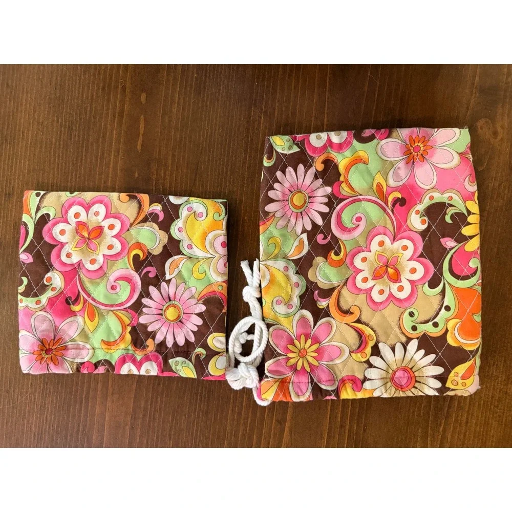 Quilted Floral Paisley Drawstring Pouch Set Retro Pink Orange Green 2pc Bag